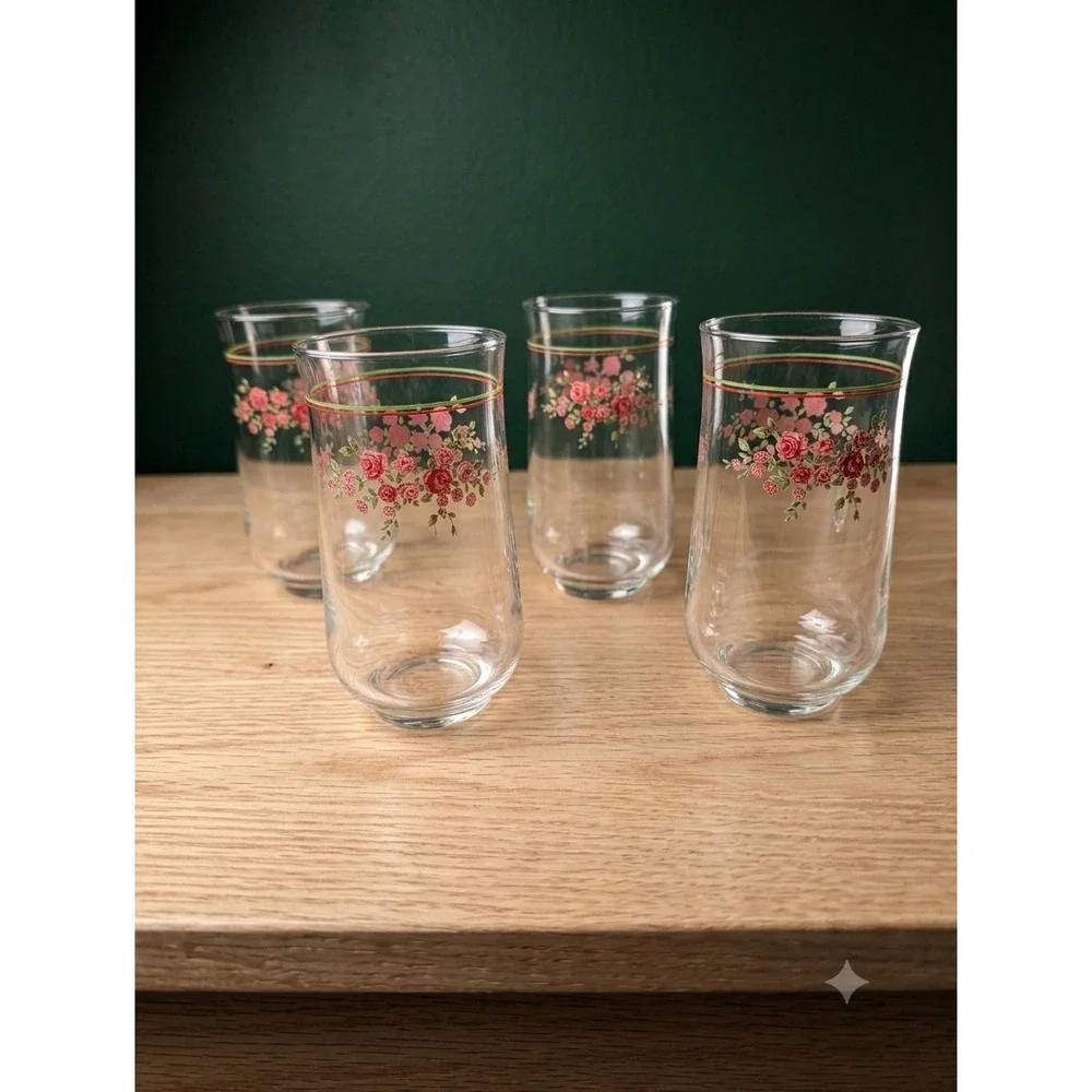 Vintage MCM Libby Pink Rose Floral Tumblers - Set of 4